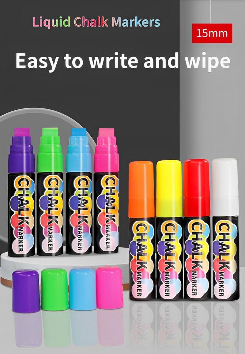Color Liquid Chalk Markers 8Pcs, 15Mm,Water-Based Ink, Easy to Wipe, No Dust, Suitable for Glass, Ceramics, Mirrors and Other Smooth Surfaces, Great Choice for Whiteboards, Windows and DIY Crafts