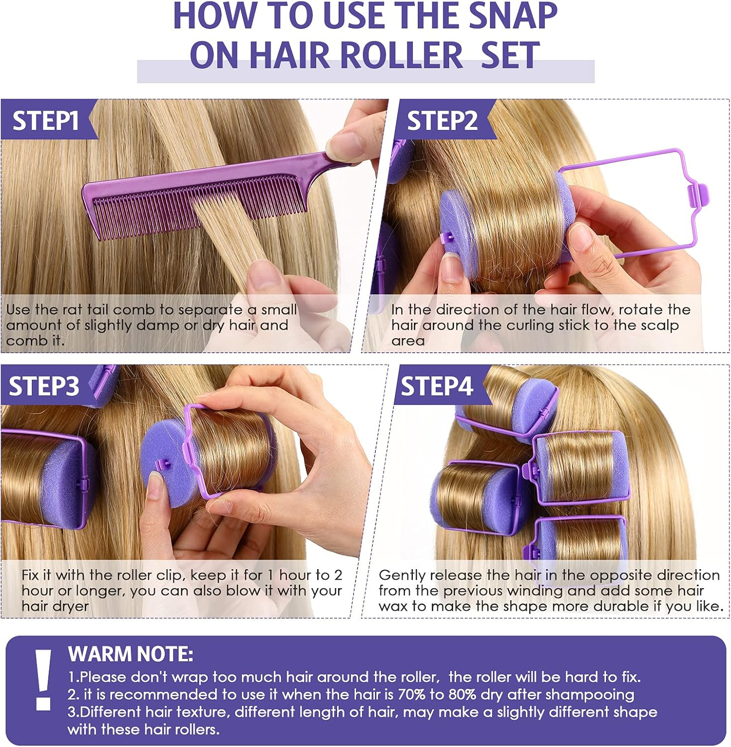 Syhood 12 Pcs Jumbo Foam Sponge Hair Rollers 1.89 Inch Soft Sleeping Curlers Flexible Large Foam Rollers and Rat Tail Comb for Hair Styling(Purple) image number 4