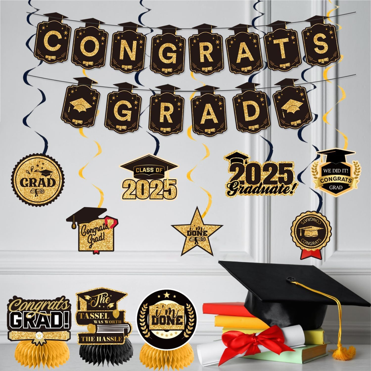 Graduation Decorations Class of 2025 Gold Themed Set, Backdrop Banner, Hanging Swirl, Balloons and Honeycomb Supplies for Graduation Party image number 2