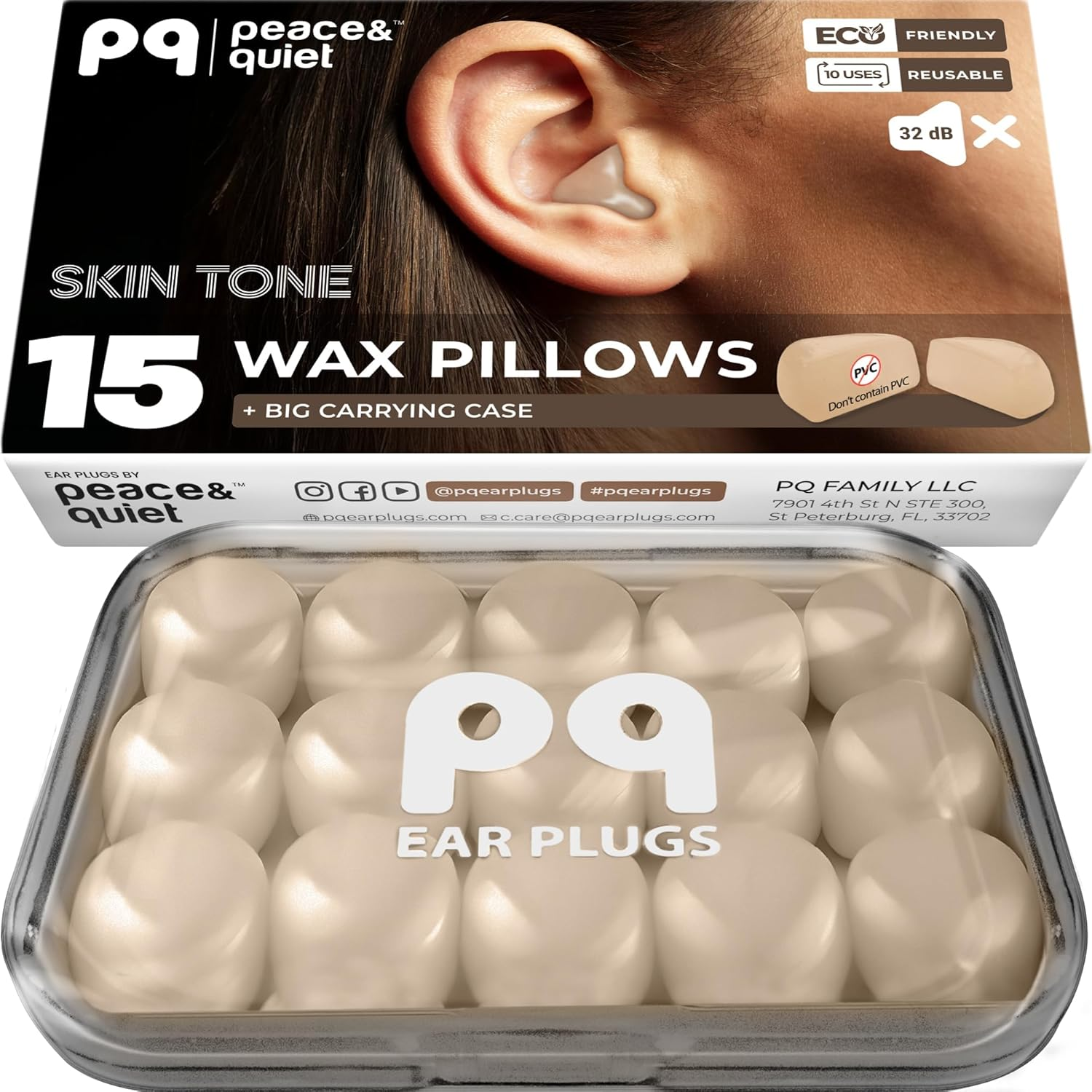 PQ Wax Ear Plugs for Sleeping, Swimming - 15 Soft Noise Cancelling Silicone Gel Wax Earplugs for Sleep and Swimmers, Ear Protection with Sound Blocking Level of 32 Db, 15-Pillows (Beige) image number 2