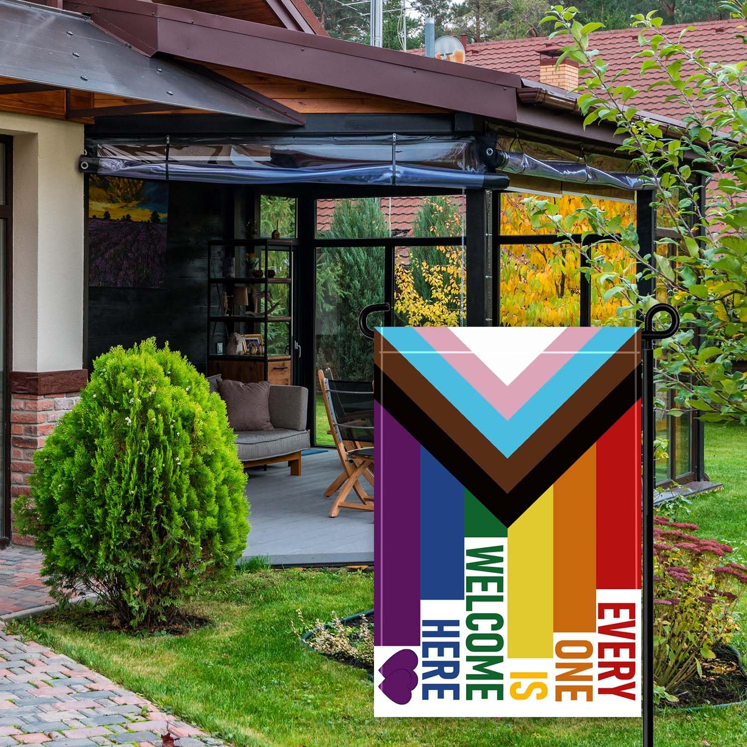 12&times;18 Inch Everyone Is Welcome Progress Rainbow Pride Garden Flag,30&times;45Cm Progressive Here Rainbow Inclusive Garden Decor,Double Side Digital Printed 210D Polyester Decoration for Garden Patio image number 2