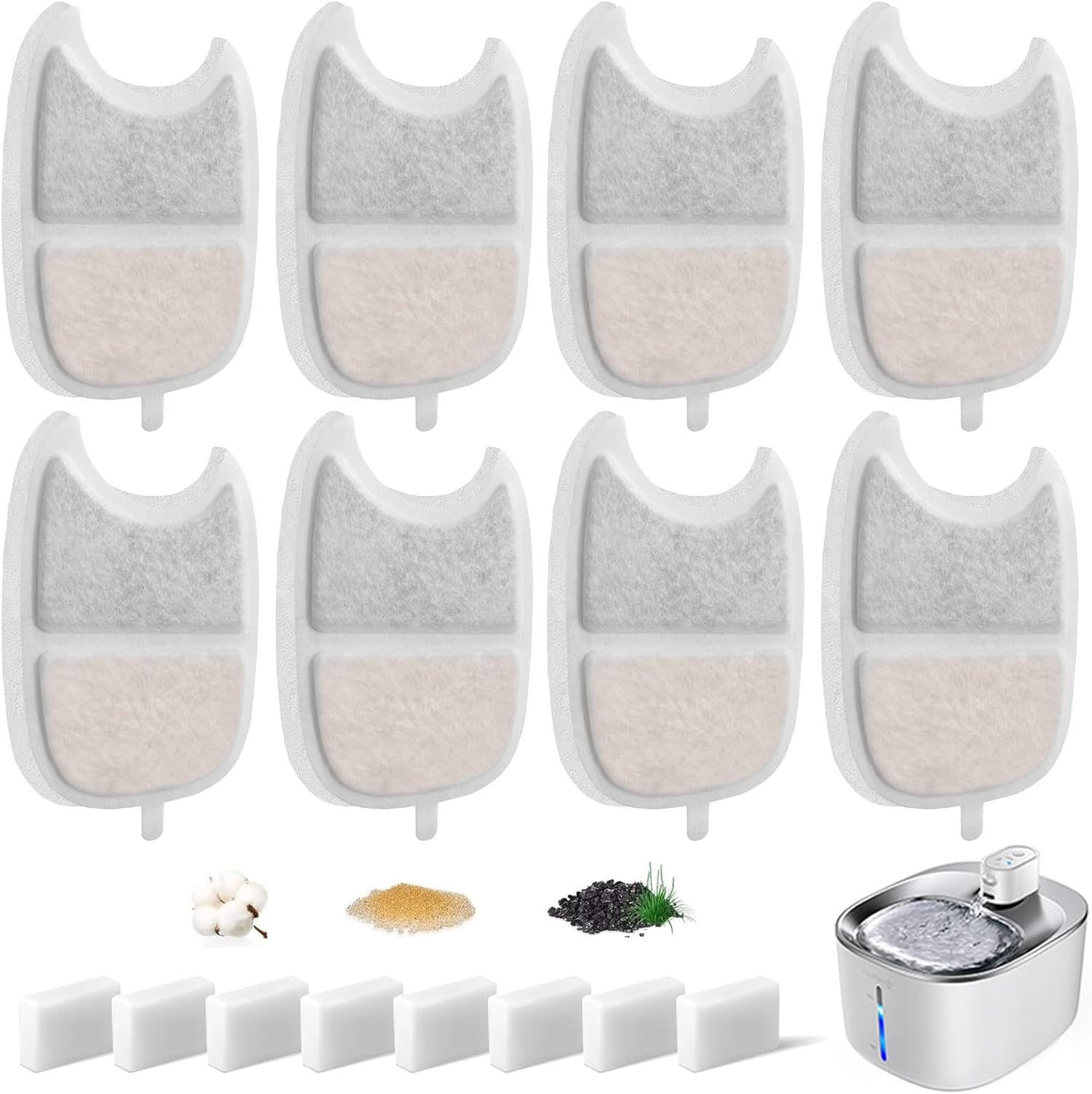 8 Set Cat Water Fountain Filters, Hantoc Replacement Pet Water Fountain Filters 8Pcs Activated Carbon Filter with Active Carbon & 8Pcs Foam Sponge for 4.2L Water Fountain with Sensor &lrm;YPD-C004