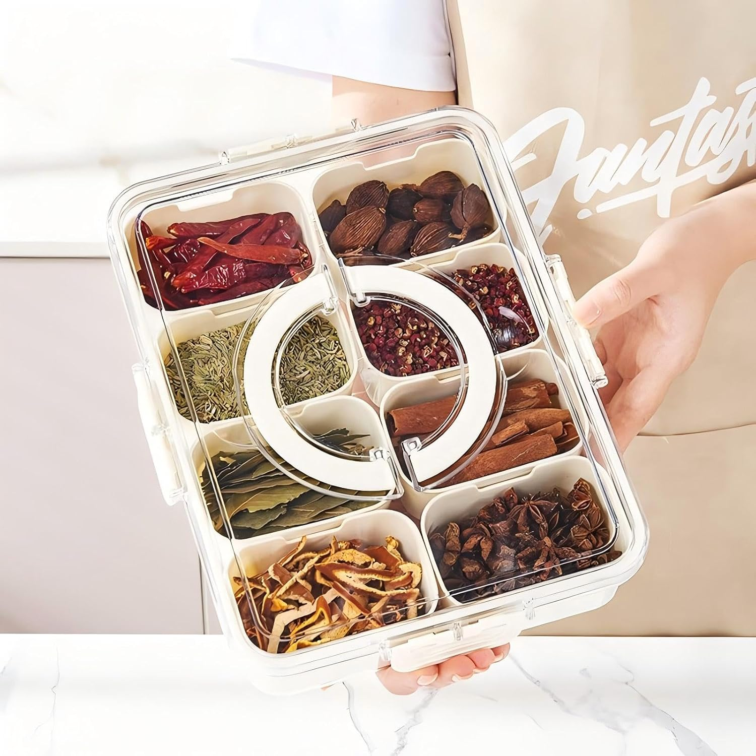 Divided Snack Serving Tray with Handle and Lid - Clear Container for Charcuterie, Candy, Fruit, Nuts and Snacks - Ideal for Parties and Entertaining (8 Compartment)