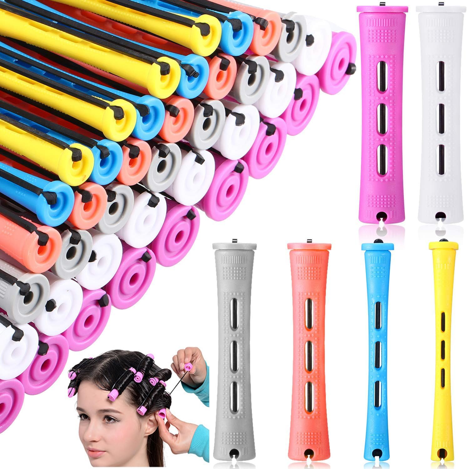 60 Pcs Hair Perm Rods Set Short Plastic Perming Rods Cold Wave Rods, 6 Sizes Hair Curling Rollers Hairdressing Tools with Tail Comb Steel Pintail Hair Comb for Hairdressing Hair Styling image number 6