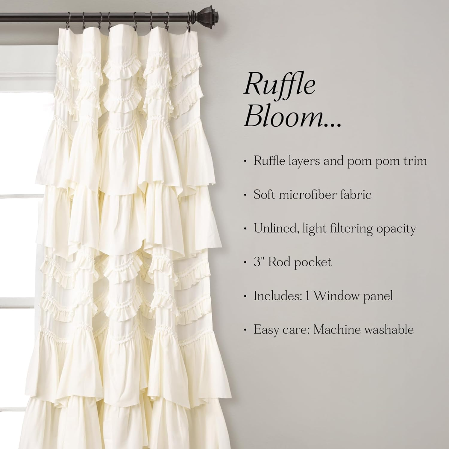 Lush Decor Kemmy Curtain | Ruffled, Textured Shabby Chic Style Window Panel for Living, Dining Room, Bedroom (Single), 84&rdquo; X 52&rdquo;, Ivory image number 1