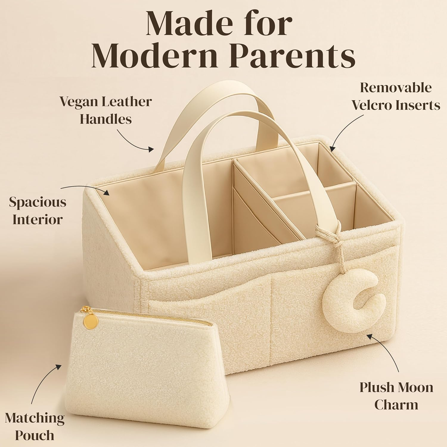 Orelle Sherpa Diaper Caddy Organizer with Matching Pouch | Portable Changing Table Organizer | Teddy Diaper Caddy | Baby Shower Gifts | Baby Organizers and Storage | Boucle Baby Basket | Cream image number 2