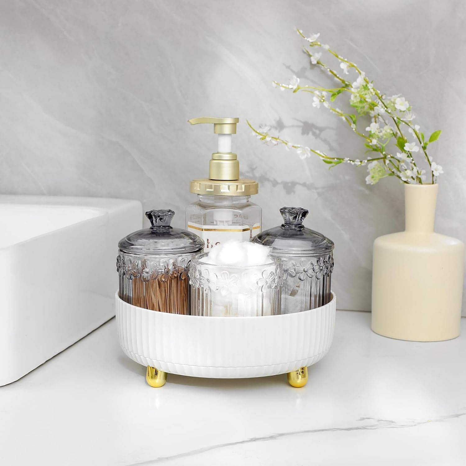 SVNXI Makeup Perfume Organizer Tray 360 Degree Rotating Lazy Susan Skincare Lotion Organizer Spinning Cosmetics Storage for Dresser Vanity Bathroom Countertop 22 X 22 X 7.5Cm (Small Ivory White) image number 2