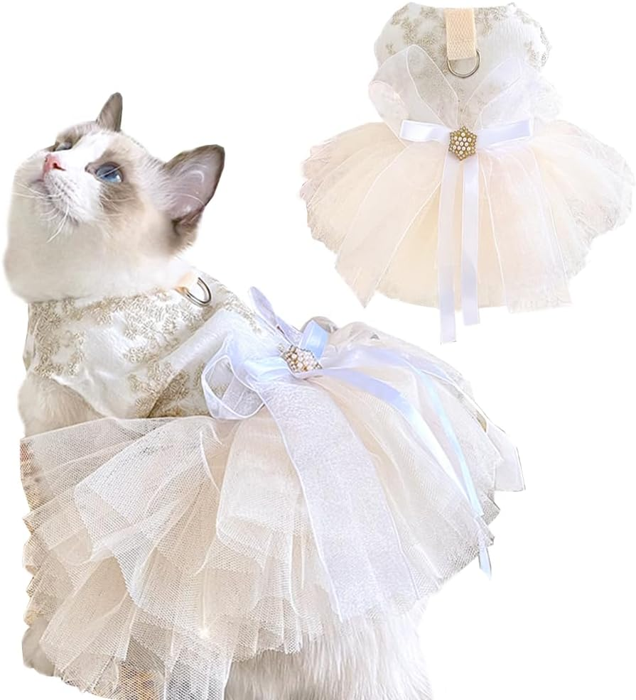 Fancy Dog Dresses with Leash Ring, Embroidered Dog Wedding Dress, Bow Puppy Clothes for Small Dog Girl Multi-Layer Lace Tutu Cat Outfit for Kitten Chihuahua Yorkie, Champagne,Large image number 3