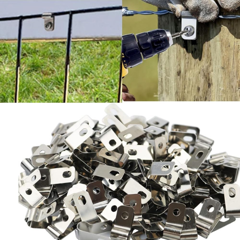 100 Pcs Wire Fence Clips W/Screws, Stainless Steel Fencing Mounting Clips,Diameter Cattle Panel Clips, for 12-16 Gauge Welded Wire to Wood, Metal or Vinyl Fence image number 1