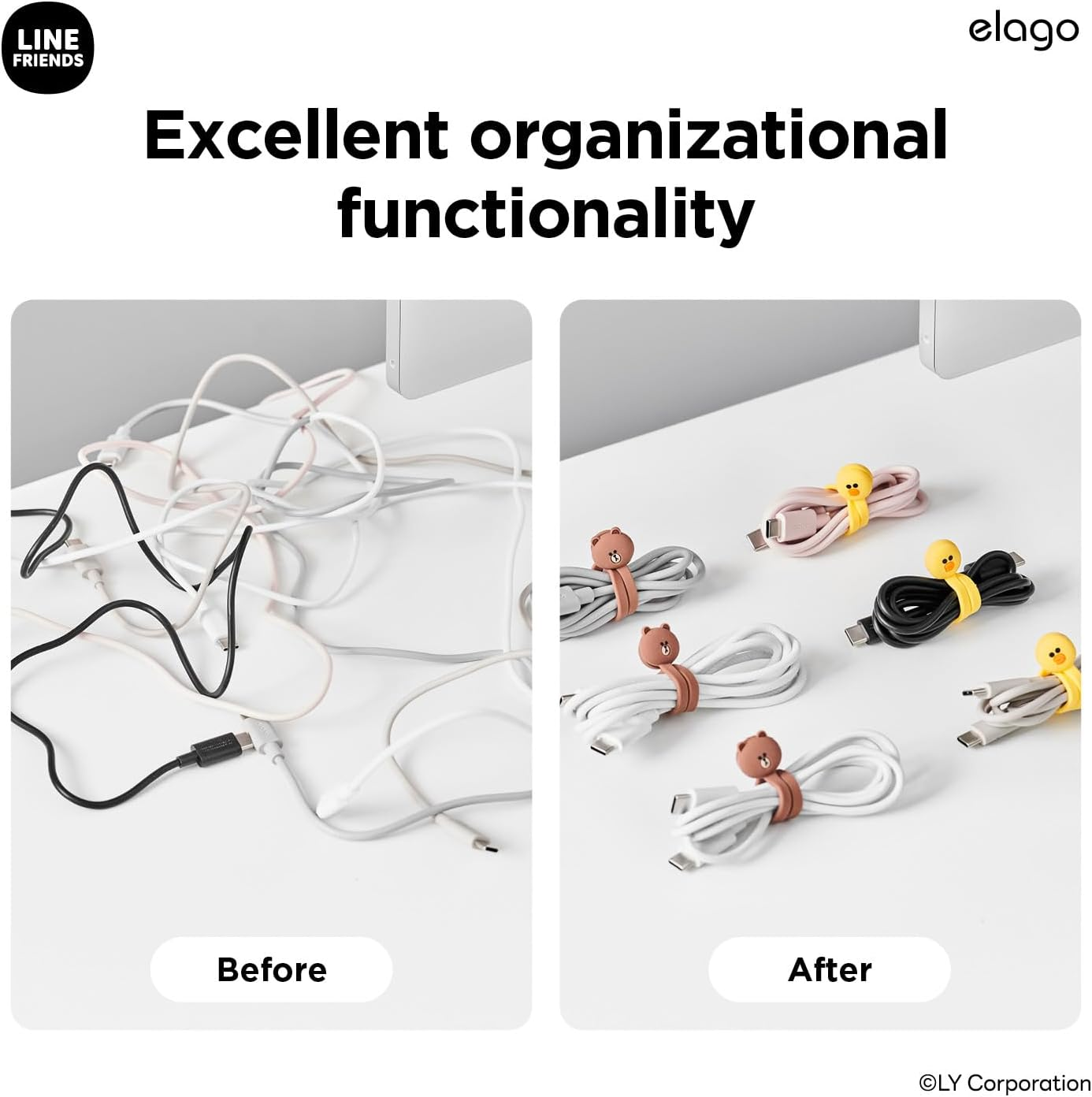 Elago | LINE Friends Magnetic Cable Ties, Premium Silicone Cord Organizer, Reusable Magnetic Cable Organizer [Official Merchandise] (Sally) - Brown image number 6