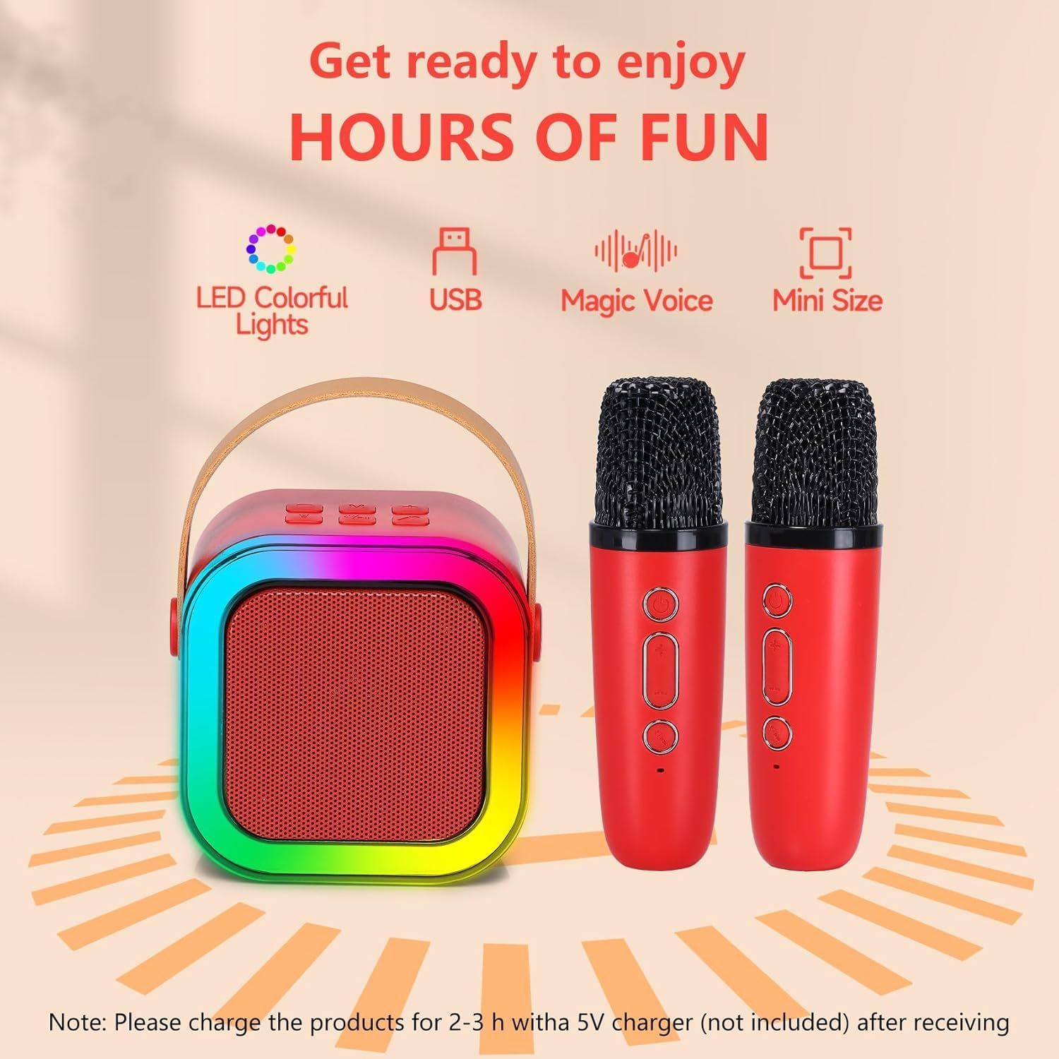 Kids Karaoke Machine, Adult Karaoke Machine with 2 Wireless Microphones, Portable Bluetooth Speaker Gift with Colorful Lights for Boys Girls Toy Family Train Dance Guide Party (Red) image number 4