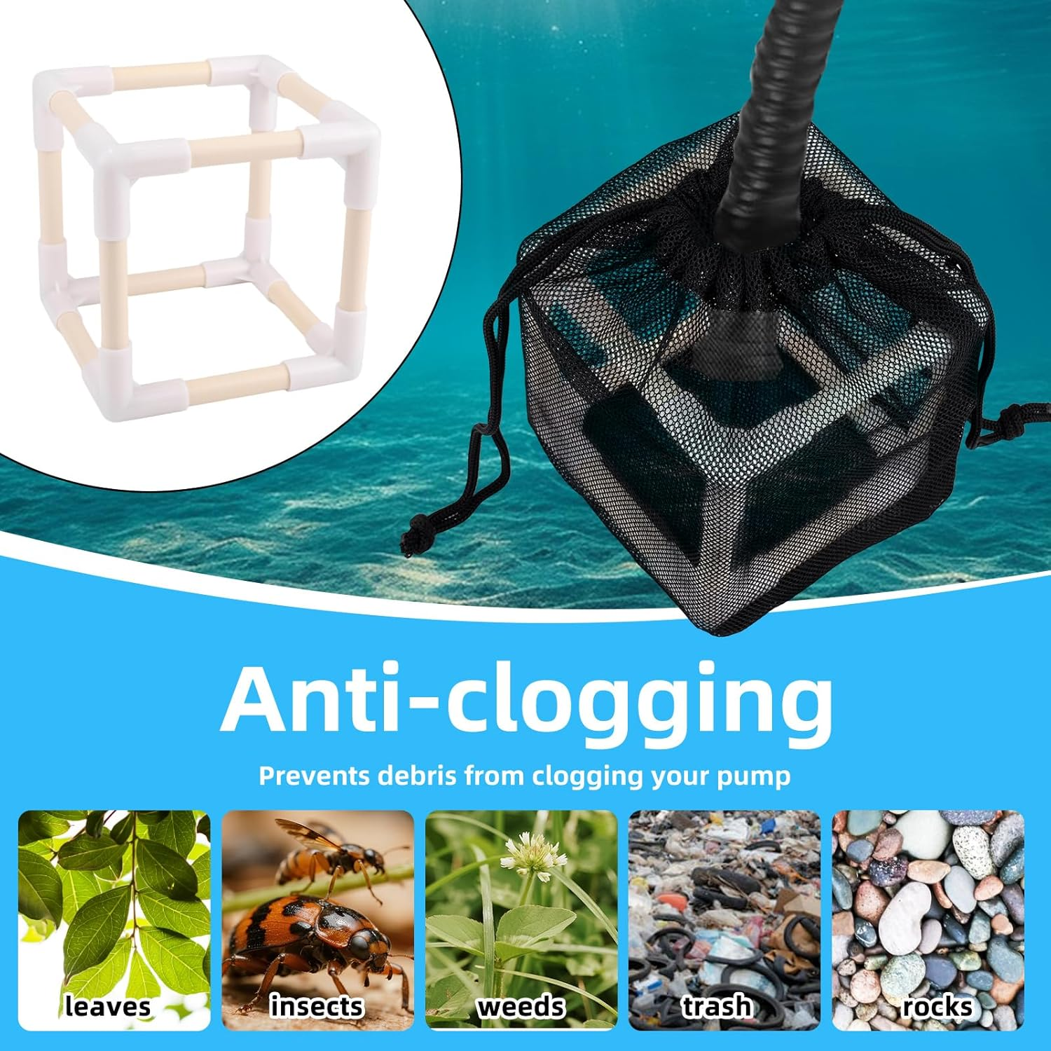 Pond Pump Filter Box, 5In Nylon Anti-Clog Pond Pump Filter Bag for Preventing Waterfall Swimming Pool Pumps from Being Clogged by Debris Leaves and Rocks image number 4