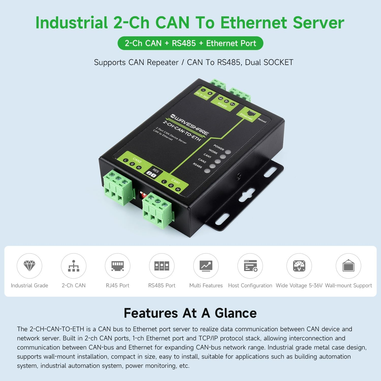 Waveshare Industrial Grade 2-Ch CAN to Ethernet Server, 2-Ch CAN + RS485 + Ethernet Port, Supports CAN Repeater/Can to RS485, Dual SOCKET, Aluminium Alloy Case, Wall-Mount Support image number 2