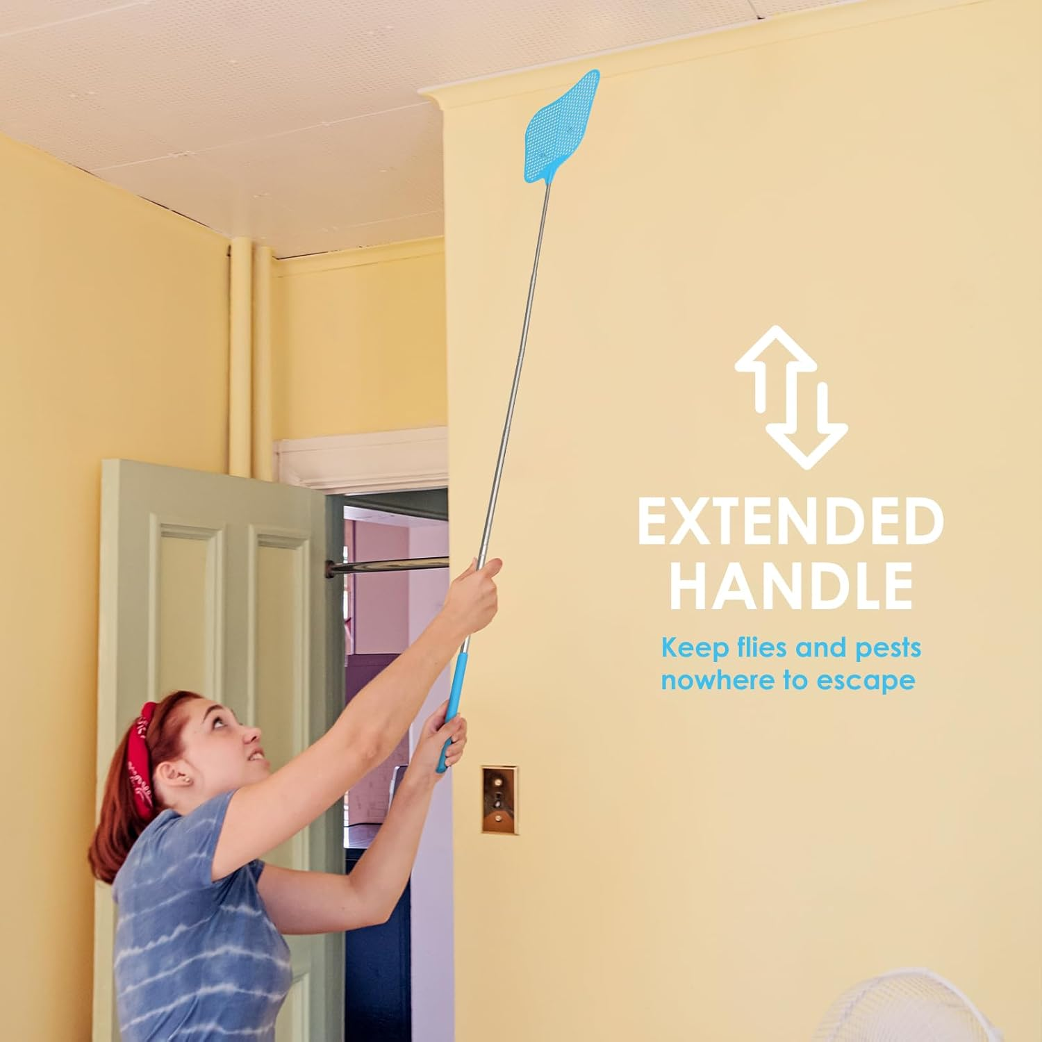 Geeric Telescopic Fly Swatters, 2PCS Plastic Extendable Fly Swatters Heavy Duty Set with Stainless Steel Handle for Indoor/Outdoor/Classroom/Office/Farm (Grey+Blue) image number 1