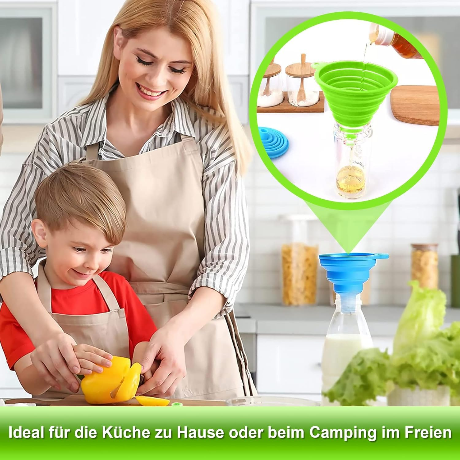 Silicone Collapsible Funnel, 4 Pcs Foldable Kitchen Funnels, Kitchen Funnel with 4 Pcs Transparent Adhesive Hooks for Filling Bottles, Liquid, Powder Transfer (Orange,Red,Blue,Green) image number 1