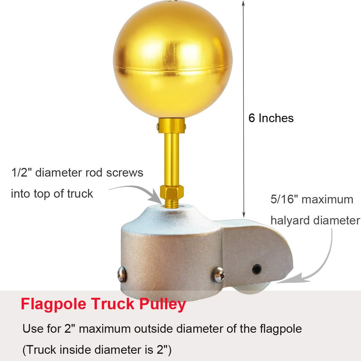 EKEV Flag Pole Hardware Parts Repair Kits - 3" Topper Gold Ball + 50 Ft Halyard Rope + 6" Cleat Hook + 4 Flag Swivel Snap Hooks + Flagpole Pulley Truck for 2" OD Tube image number 5