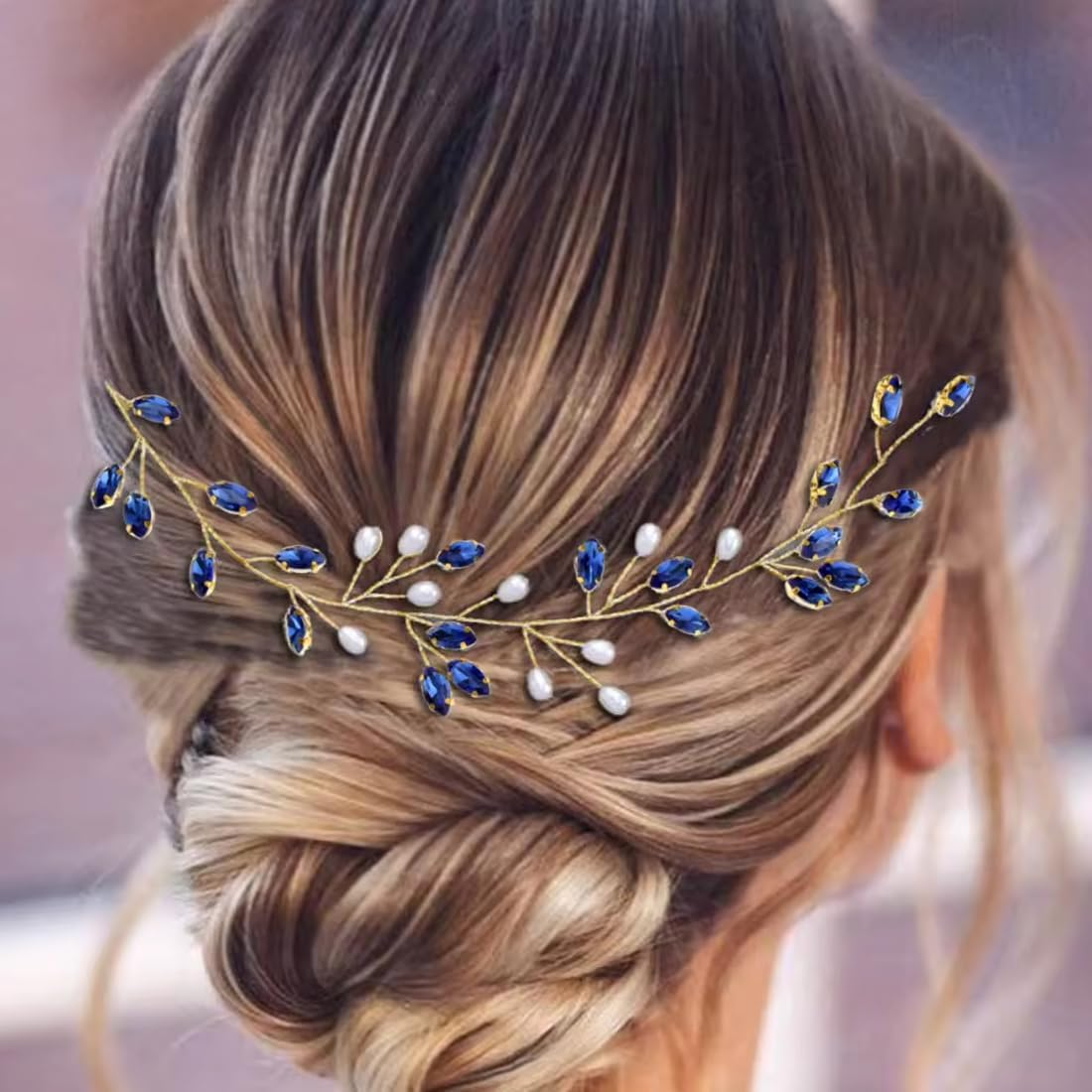 LQIOACU Headpiece Wedding Blue Headpiece Bridal Hair Vine Crystal Headband Sparly Leaf Hair Vine Part Prom Hair Accessories for Bridesmaid and Flower Girls image number 4