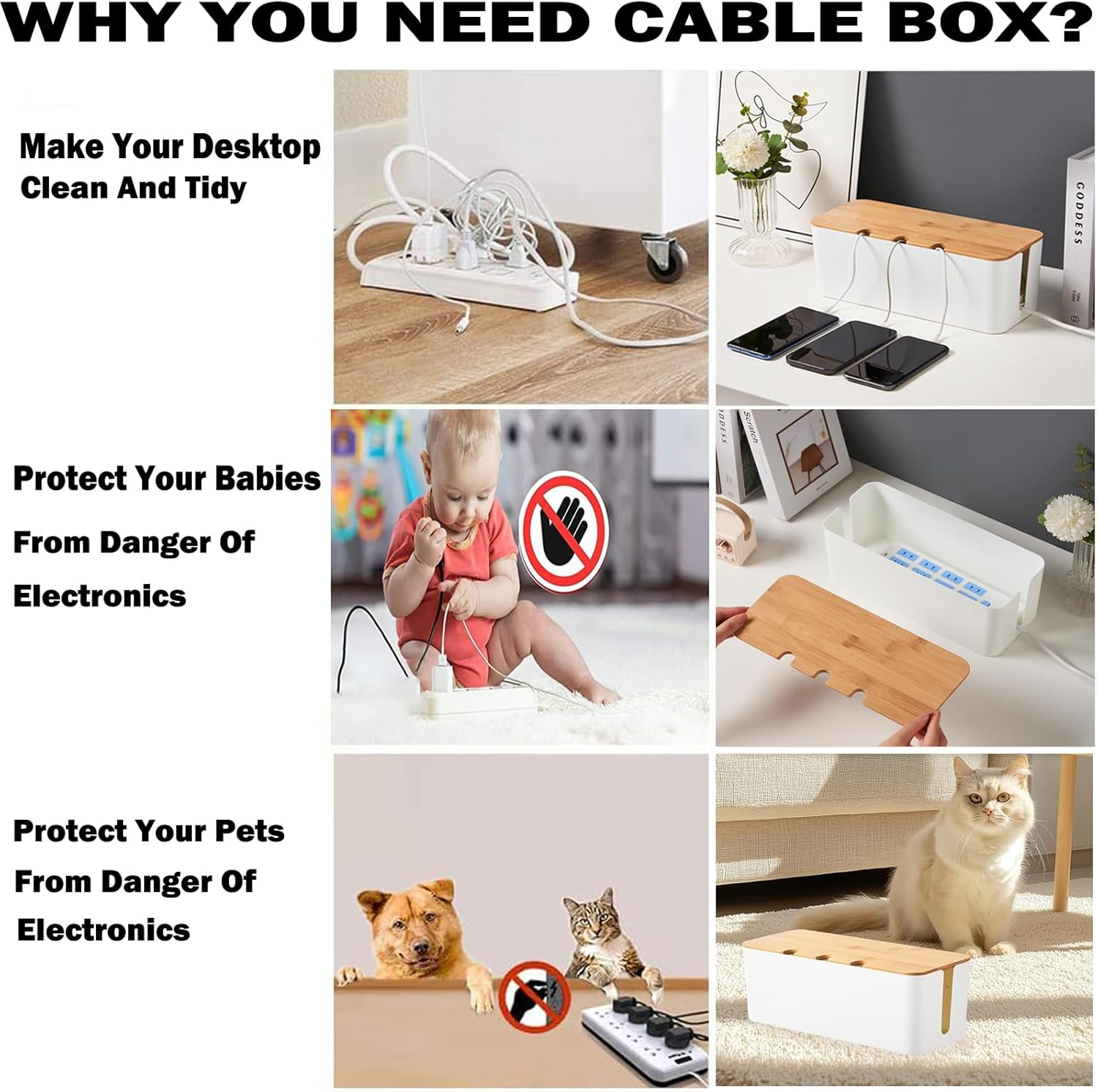 Cable Management Box - 3Pack Medium & Large Cord Organizer for Desk & Floor, Cable Organizer Box for Child & Pet - Cable Box Hider for Tidy Office & Home (Bamboo Print Lid, White Box, Pack of 3)