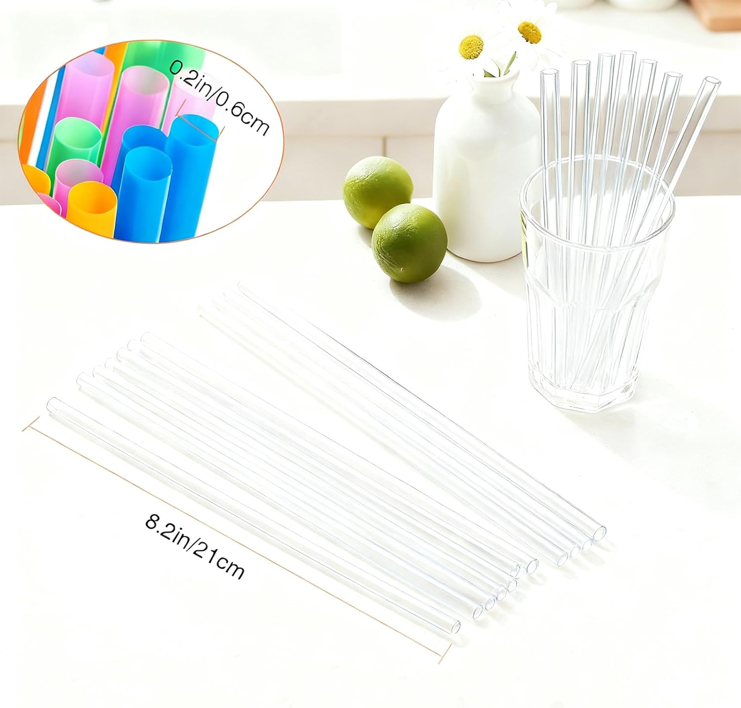 Drinking Straws 200 PCS 26Cm Reusable Colourful - Suitable for Juice, Tea, Coffee, Milk, Parties, Daily Use (Transparent)