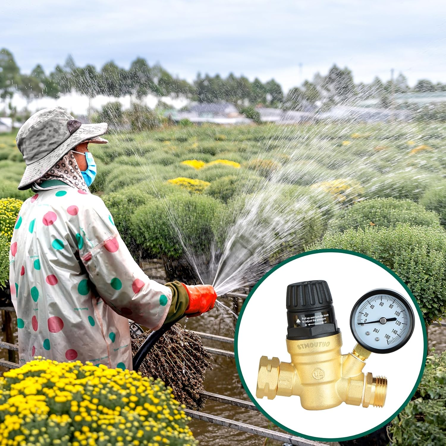 RV Water Pressure Regulator for RV Camper. Brass Lead-Free Adjustable Camper Water Pressure Regulator with 0-160 PSI Gauge ，Reducer Valve W Filter，Package Includes 1 Raw Tape for Water Pipes. image number 1