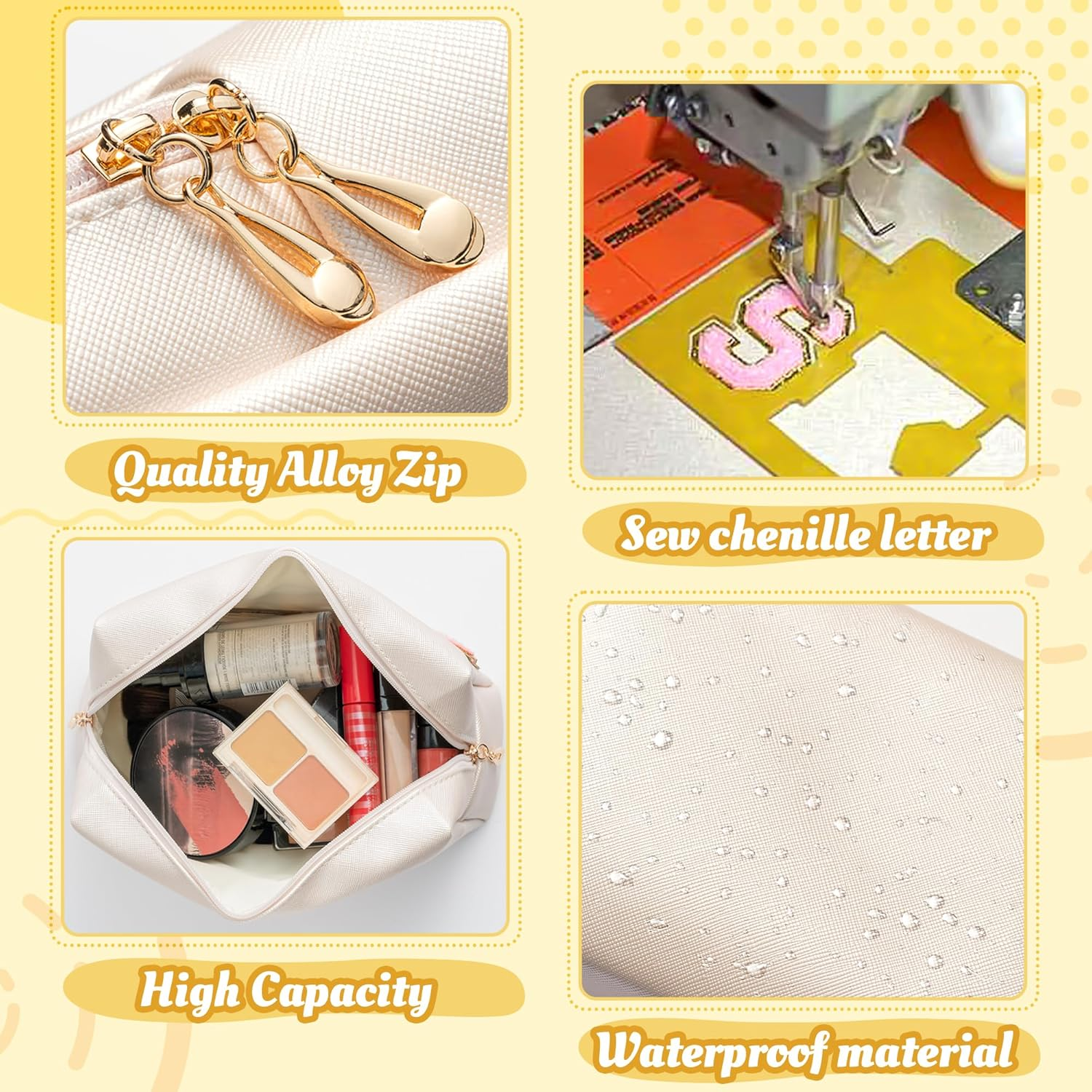 Y1Tvei 4Pcs Preppy Patch Varsity Letter Makeup Bag Sewn with White Skin Hair Face Stuff Chenille Letter Cosmetic Toiletry Bag PU Leather Waterproof Portable Zipper Purse Travel Organizer E1 image number 4