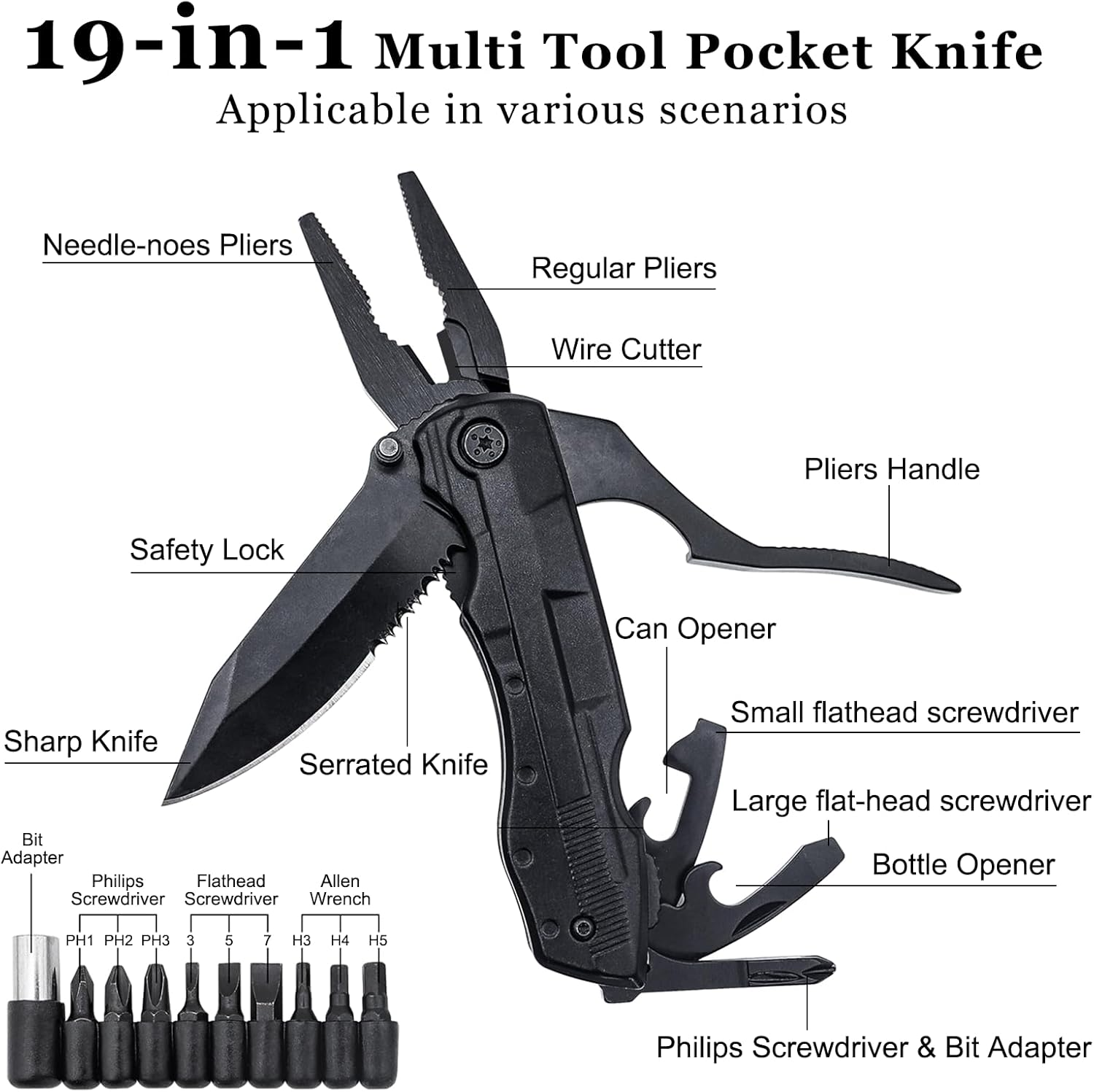 Pocket Knife, 19-In-1 Multitools Folding Knife with Safety Lock, Pliers & Screw Head Set - Suit for Camping, Outdoor and Everyday Use - Comes with Oxford Storage Bag image number 4