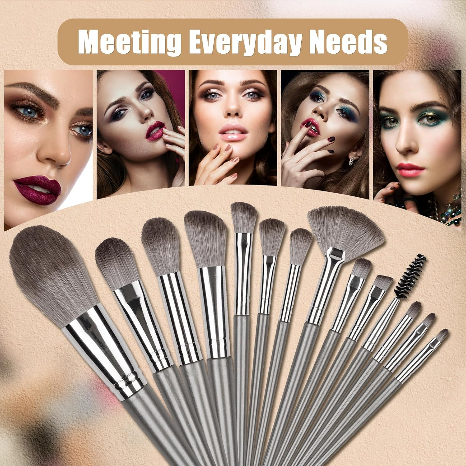 Makeup Brushes, 14 Pcs Professional Makeup Brush Set, Eye and Face Foundation Brush Set, Eyeshadow Brushes, Cosmetic Brushes, with PU Bag, Grayish image number 4