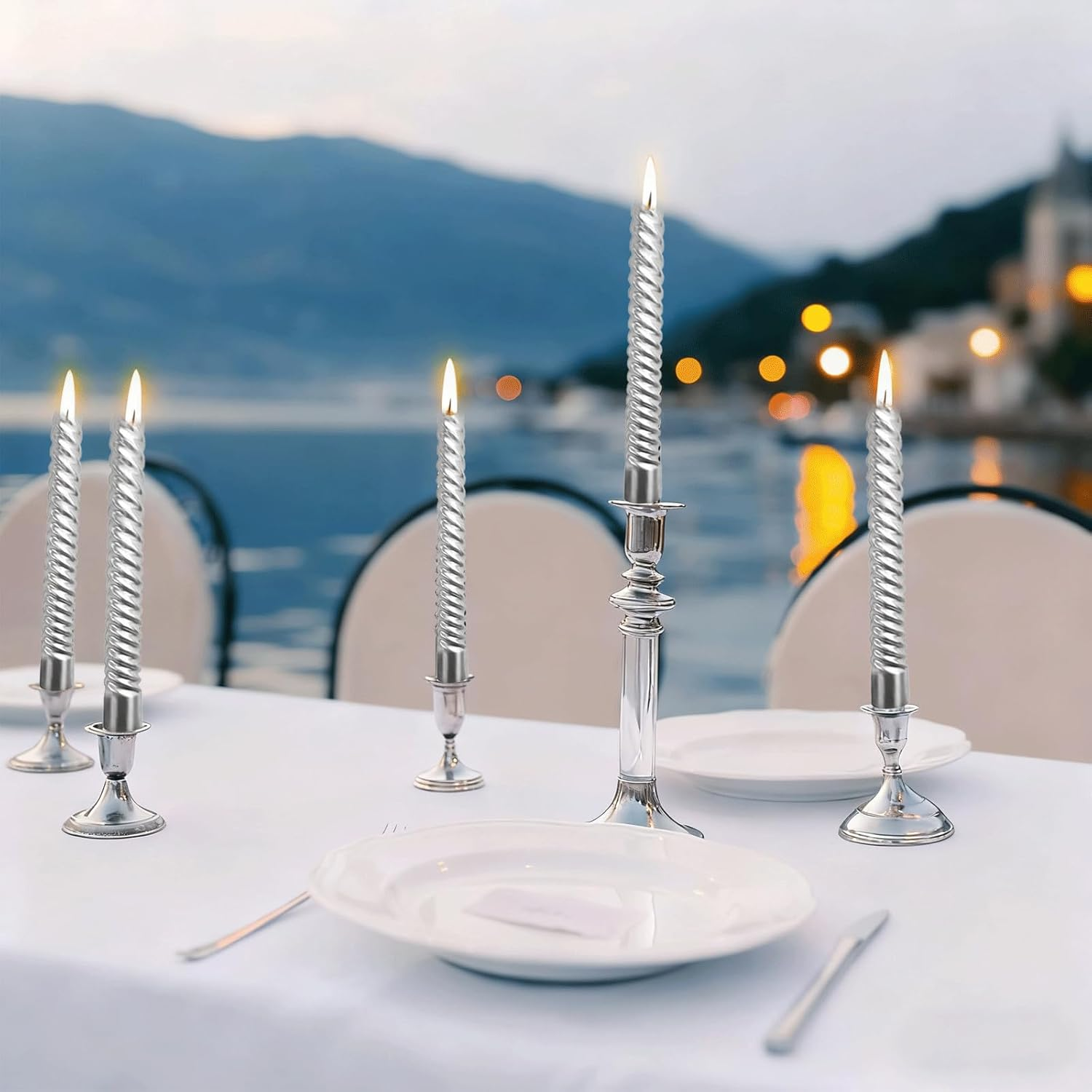 VIKY Pack of 8 Tapered Candles Drip Candles 25 Cm Long - 4 X Silver Candles & 4 X White Candles - Twisted Taper Candles in Silver White for Christmas Decoration, Frosted Winter Decoration, Candle image number 2