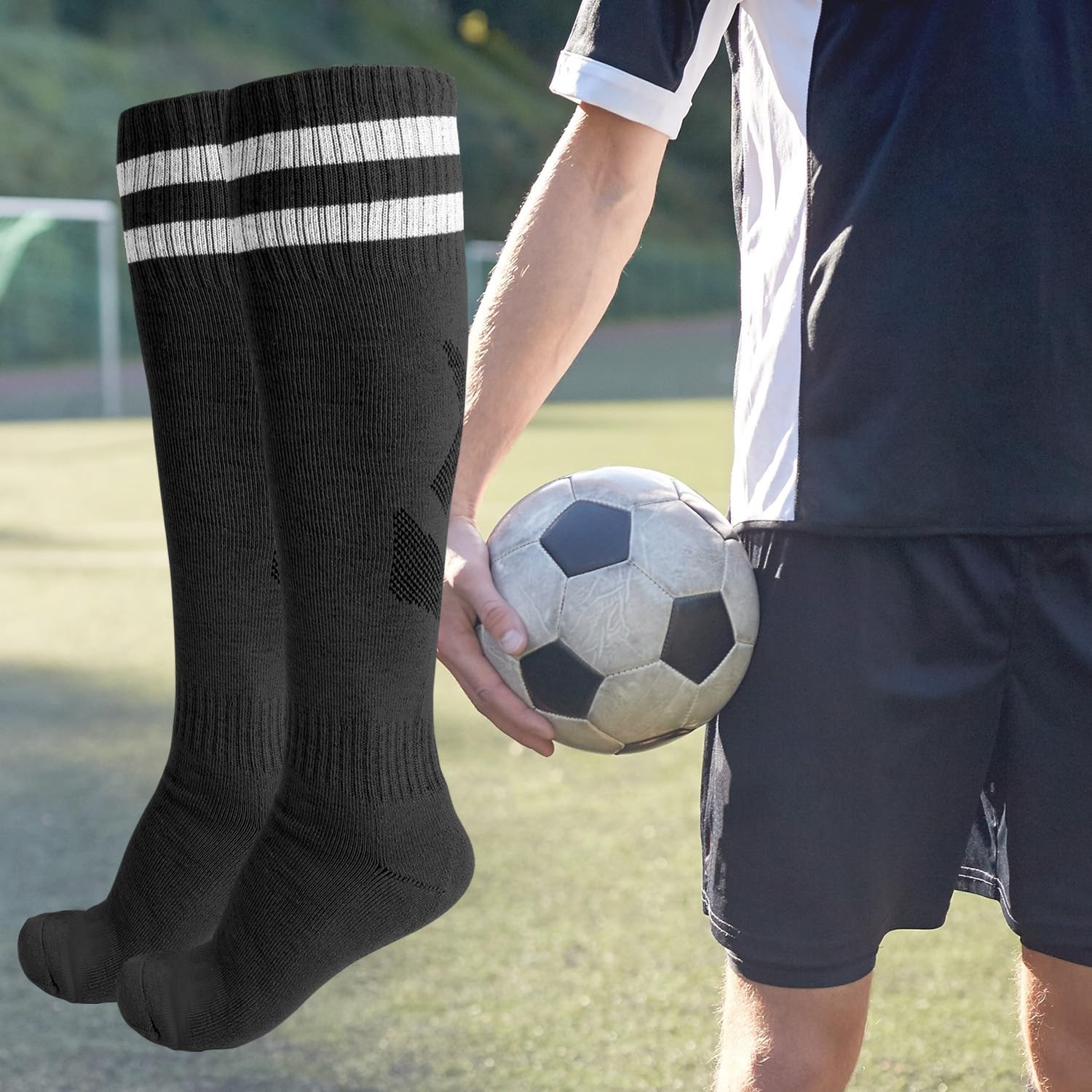 3 Pairs Soccer Socks, Sport Knee High Socks Calf Compression Athletic Socks for Adult Men and Women Football, Running - Style 1-3 Pairs image number 6