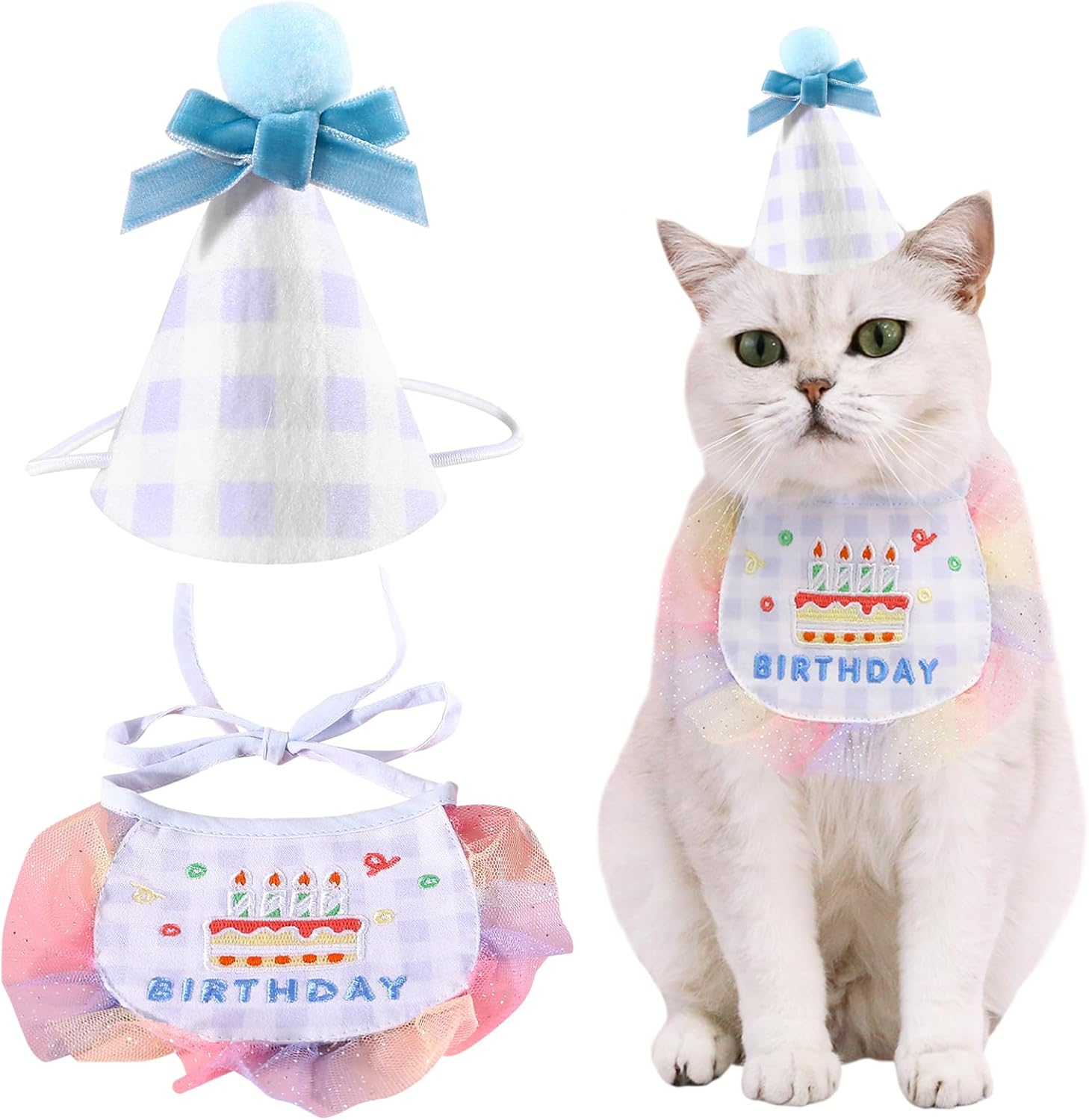 2Pcs Pet Happy Birthday Hat Scarf Set Cute Embroidered Cat Bandana Outfit Pet Bowknot Cone Hat Cat Plaid Pattern Princess Costumes Dog Lace Bib Pet Party Supplies Decoration (Blue)