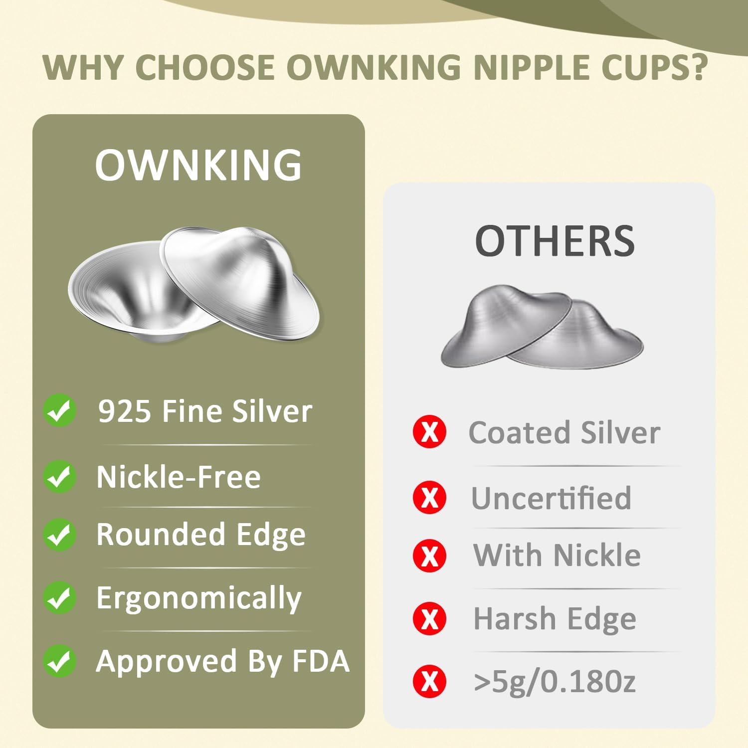 OWNKING Orginal Silver Nursing Cups, Pure 925 Sterling Silver Nipple Shield for Breastfeeding, Nipple Guards Protector for Cracked Nipples, Soothe Sore, Newborn Essentials Must Haves, Nickel Free, L image number 3