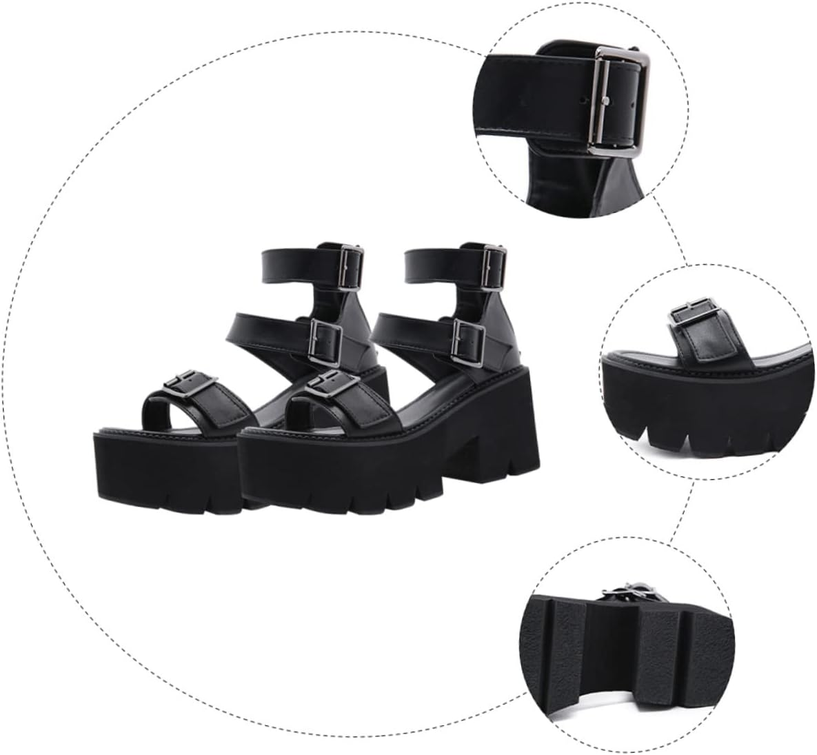 Healeved Women&rsquo;S Black Thick Sole Platform Sandals, Summer Chunky Heel Roman Style Footwear, Size 37, Cut-Out Design for Nightclub and Casual Wear image number 3