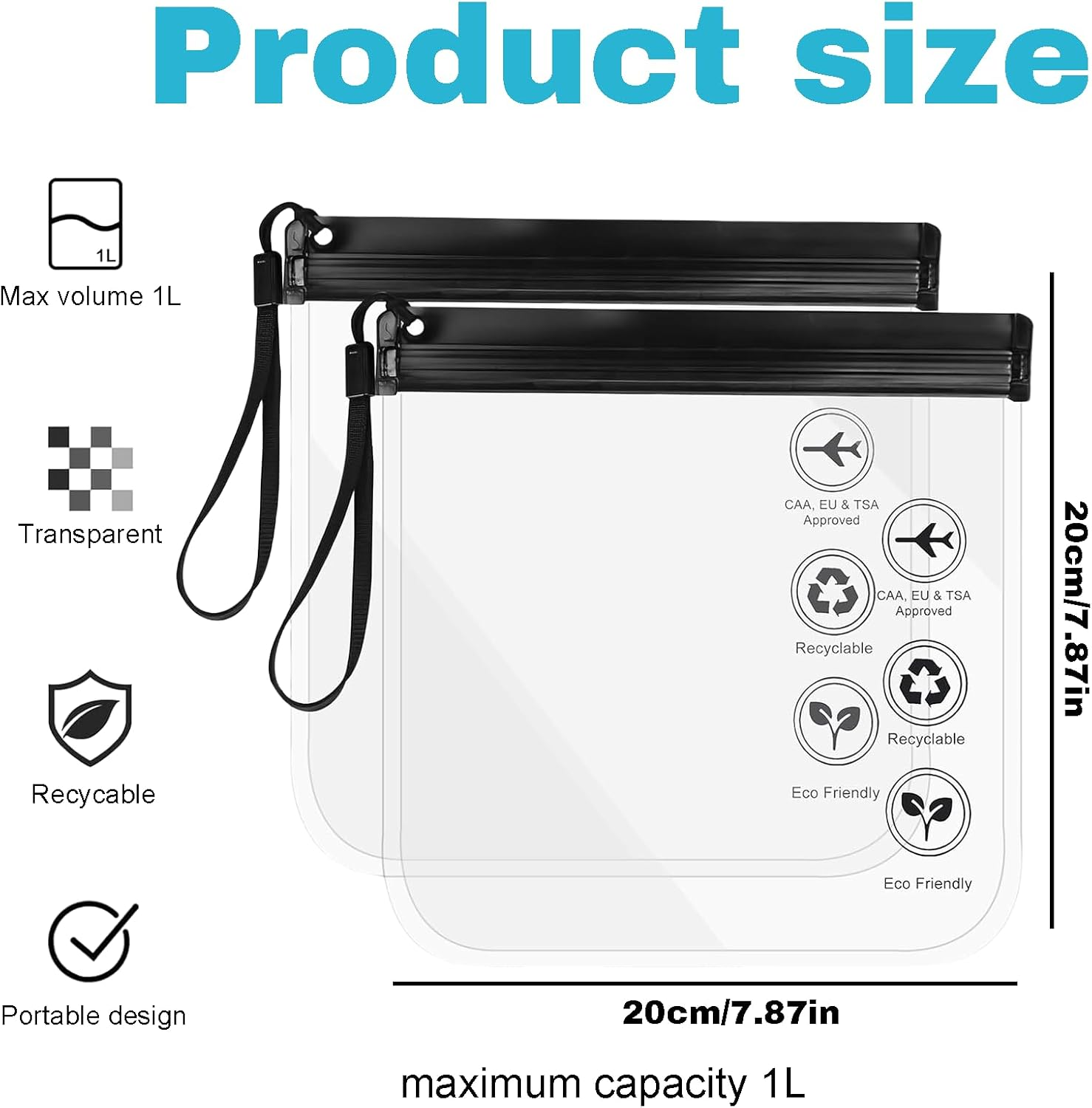 Rylaxzon 2 Pack Clear Travel Toiletry Bag - 20X20Cm Toiletry Bags, Leakproof Liquid Travel Size Toiletries for Airports, Waterproof Cosmetic & Makeup Travel Pouch, for Carry - on Luggage (Black) image number 2