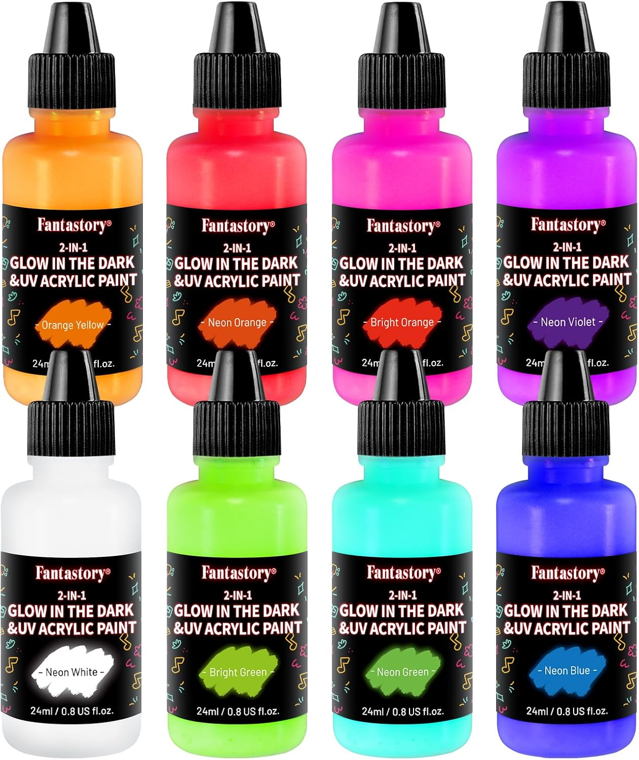 Fantastory Halloween Glow in the Dark Paint,0.8Ozx8,Neon Colors Glow Acrylic Paints,Waterproof Blacklight Paint for Outdoor Rock,Wood,Craft,Canva,Pumpkin,Holiday Decor,Adults[Fluorescentseries] image number 3