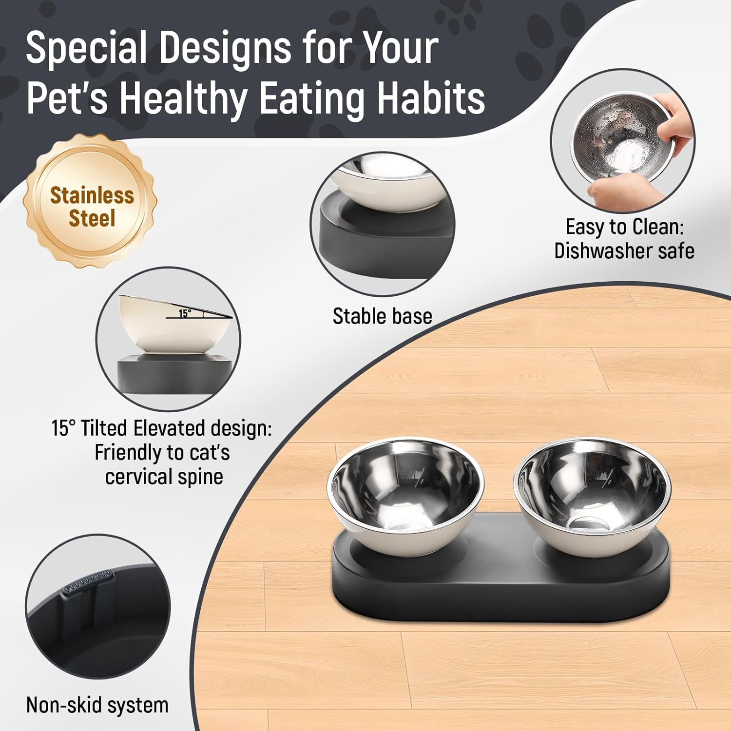 Marchul Stainless Steel Elevated Dog Food Bowls Set with Spill Proof Dish Mat, Raised Tilted Cat Bowl for Healthy Digestion, 1-Second Detachable & Dishwasher Safe image number 5