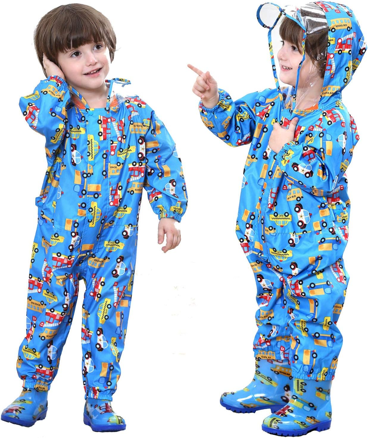 Raincoat Kids Hooded Rains Puddle Suit Poncho Rainwear Jumpsuit One Piece Lightweight Portable Waterproof Rainsuit Jacket Unisex Boy Girl with PVC Transparent Hat Brim Zipper Age 1-7 Years