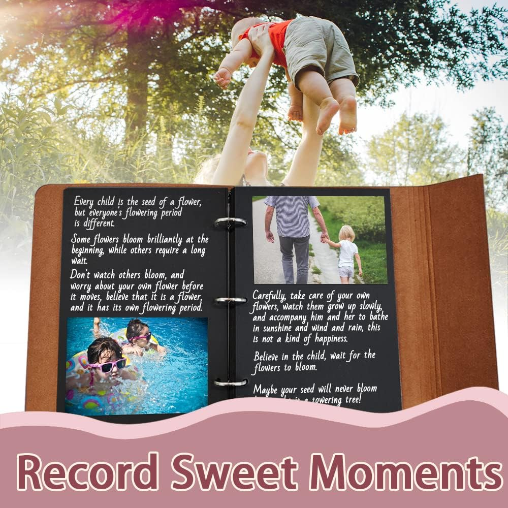 Leather Photo Album, Scrapbook Album with Retro Pendents, DIY Travel Vintage Photo Album, Family Photo Book Refillable 60 Pages for Anniversary Birthday Wedding (Red) - Coffee image number 4