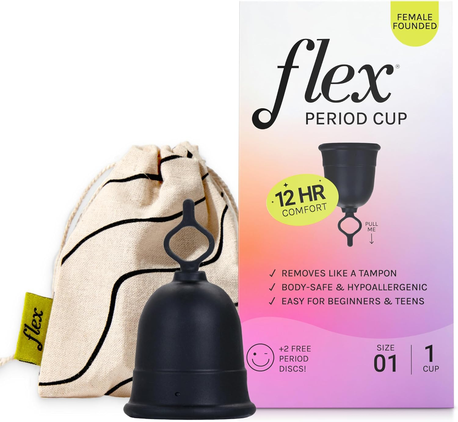FLEX Menstrual Cup - Loved by All Body Types - Gift W/2 Discs - USA Made - Pull String Design - Soft - Stain Proof - Great for Beginners - Adjustable Stem for Custom Fit - 12 Hour Wear (Slim) image number 5