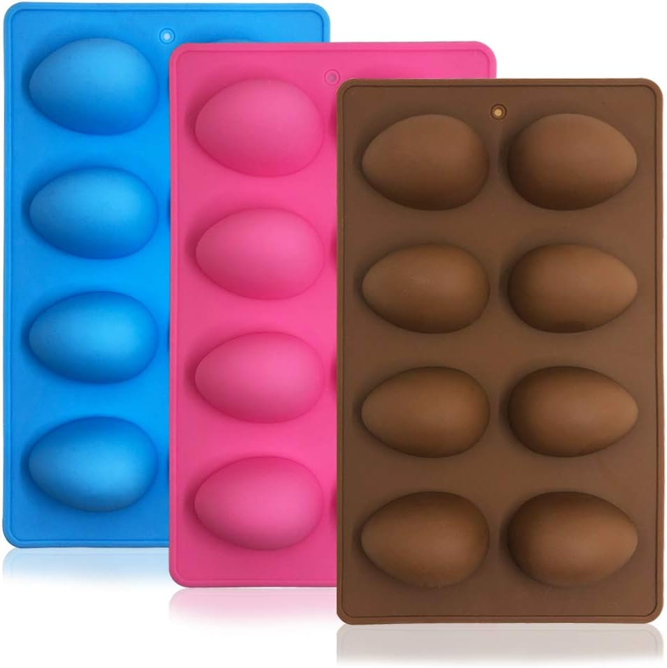 SENHAI 3 Pcs Egg Shape Silicone Molds, 8-Cavity Food-Grade Baking Mold for DIY Cake Decoration,Chocolate, Pastry, Muffin, Bread, Ice Cube, Soap - Pink, Blue, Brown image number 6