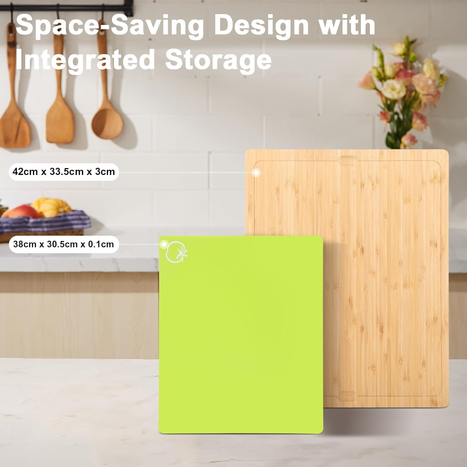 Kisfam Bamboo Chopping Board Set with Holder & 5 Non-Slip Cutting Boards - Color Coded Plastic Mats for Kitchen, Food Safe BPA Free - Cutting Board Storage (Red,Green,Blue,Yellow, Orange) image number 3