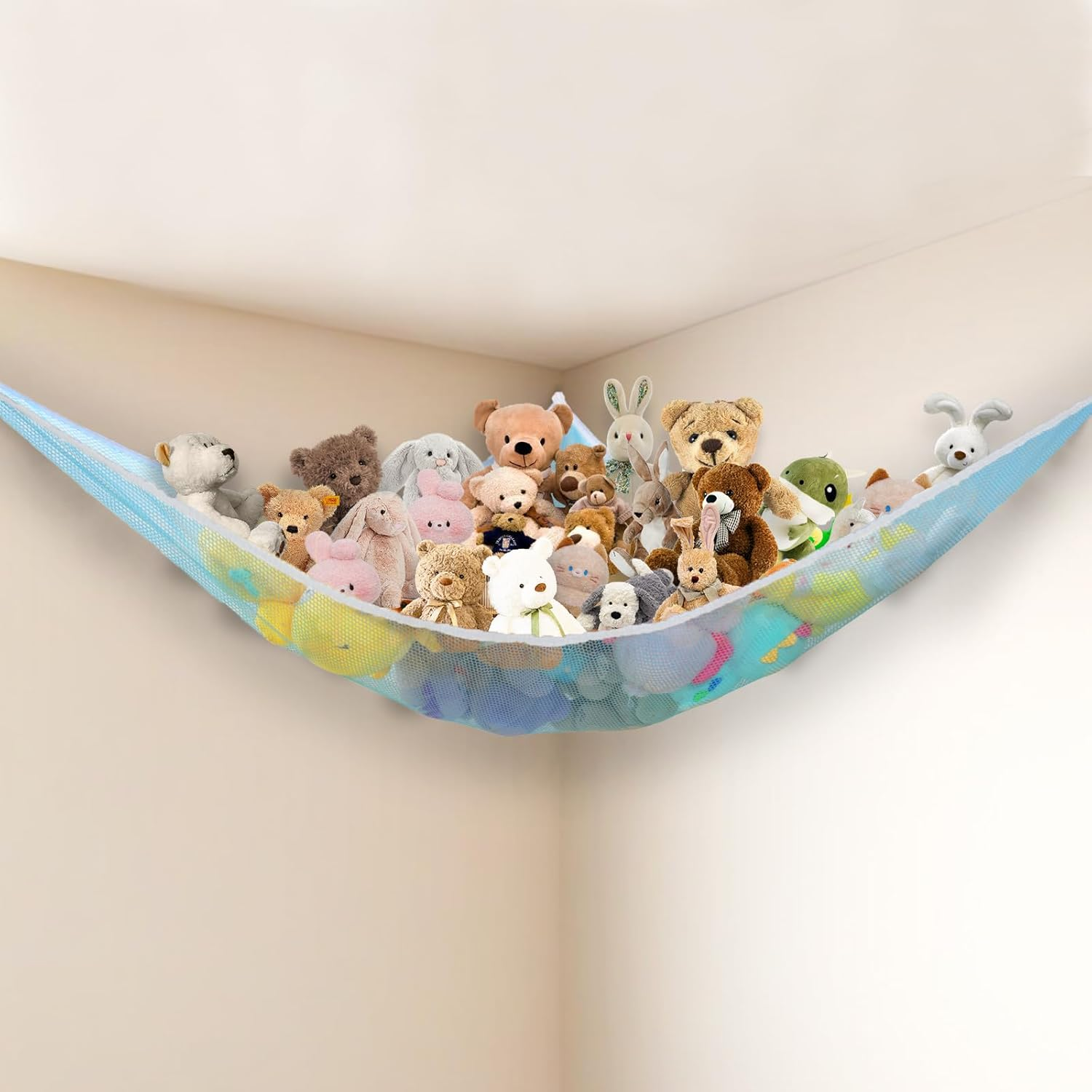 Stuffed Animal Storage Toy Hammock Soft Plush Toy Storage Large Corner Hanging Net Organiser Holder for Kids Bedroom Nursery Decor (White)