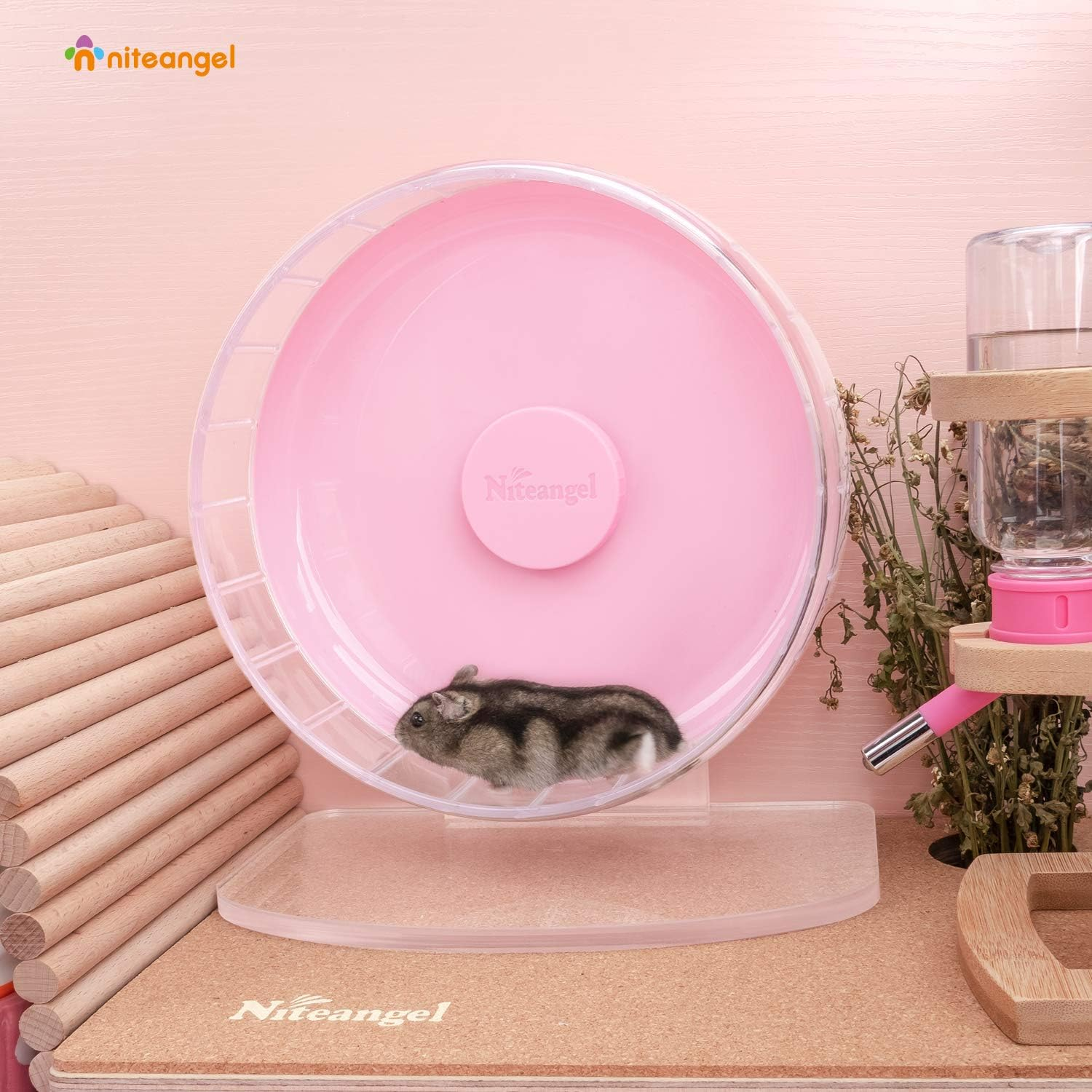 Niteangel Super-Silent Hamster Exercise Wheels: - Quiet Spinner Hamster Running Wheels with Adjustable Stand for Hamsters Gerbils Mice or Other Small Animals (S, Pink) image number 3