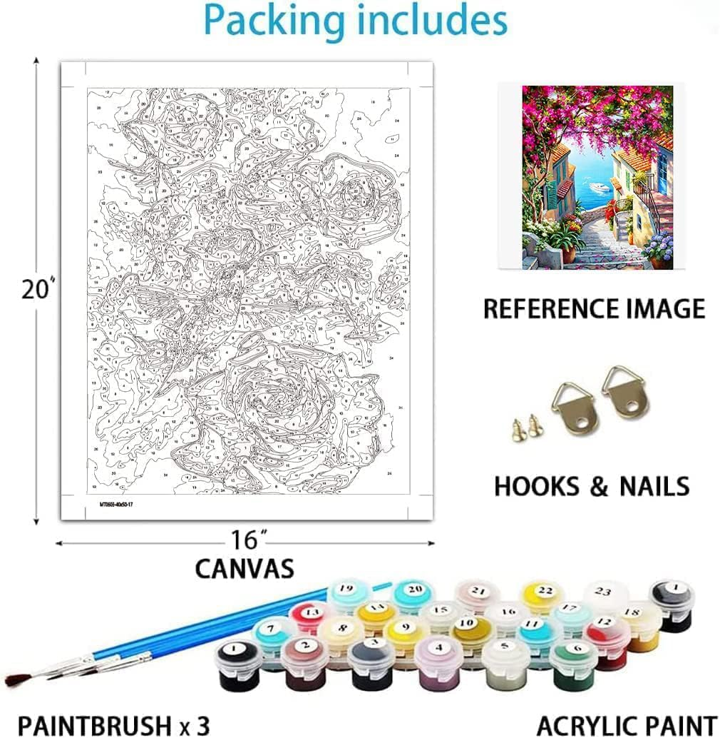 Paint by Number for Adults. Lakeside Town Paint by Numbers for Adults Beginner Drawing Paintwork with 3 Paintbrushes Paint Canvas Oil Painting 16&rdquo; X 20&rdquo; image number 6