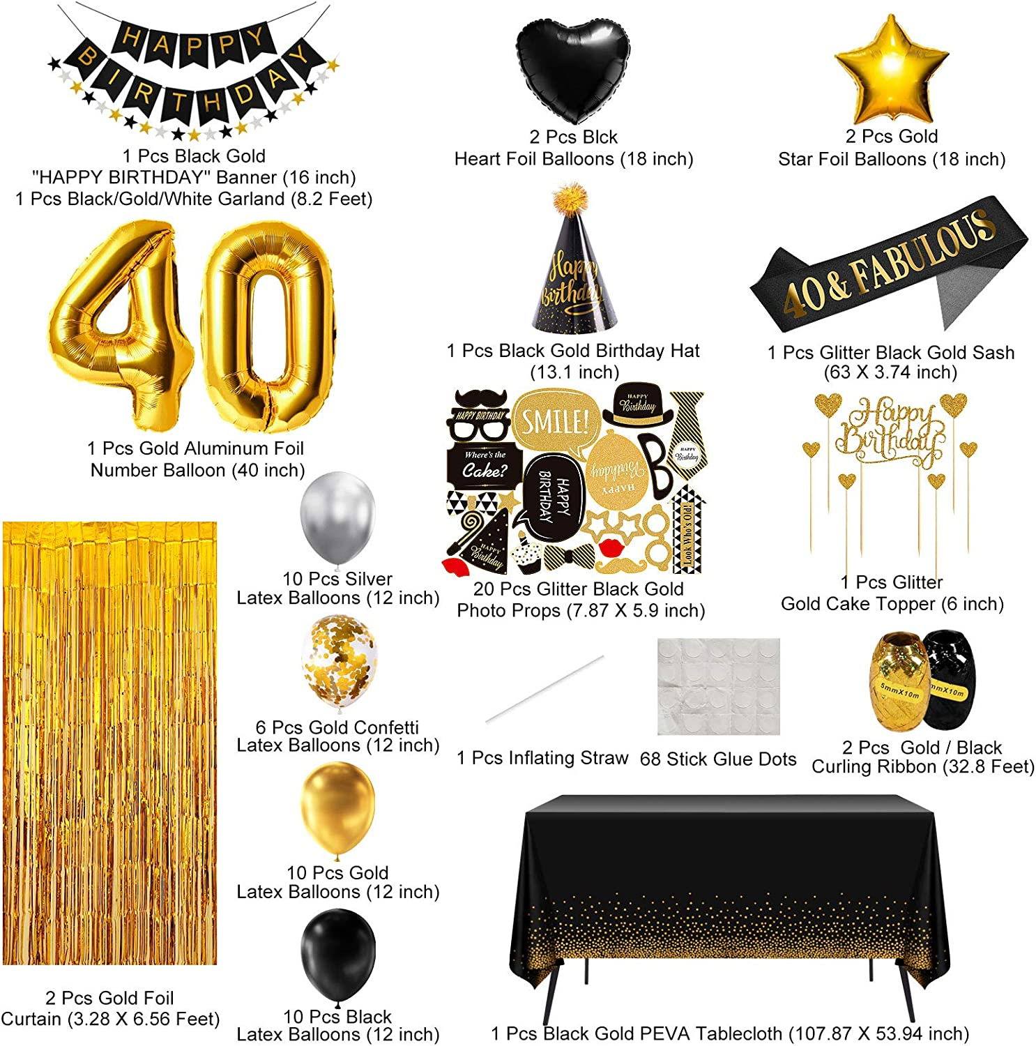 40Th Birthday Decorations - Black & Gold Party Supplies for Him & Her, Including Banner, Curtain, Tablecloth, Photo Props, Foil Balloons, Sash image number 5
