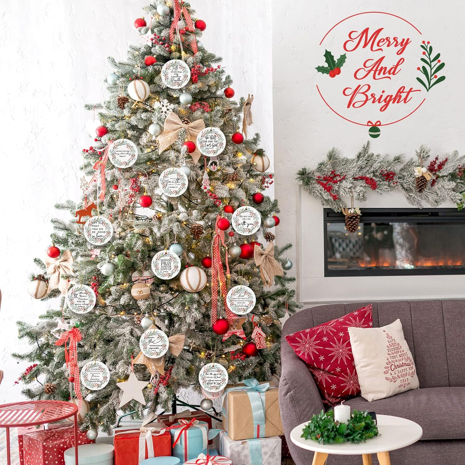 Sieral Bible Verse Christian round Flat Ceramic Ornament Wreath Pattern Inspirational Quotes Ornaments for Mom Women Teacher Gift Bedroom Hanging Religious Christmas Decor (24 Pcs) image number 6