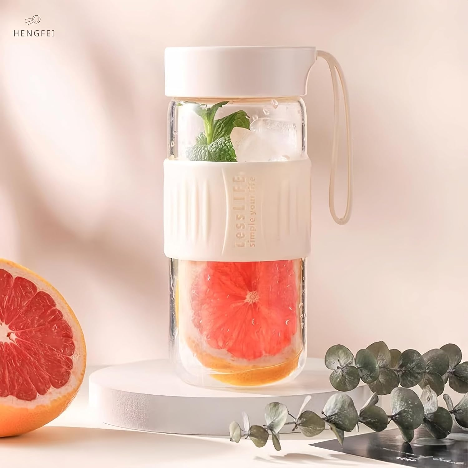 HENGFEI Glass Shaker Bottle for Protein Mixes,16Oz Glass Shaker with Silicone Carry Handle, Strainer and Shaker Ball (Ivory) image number 6