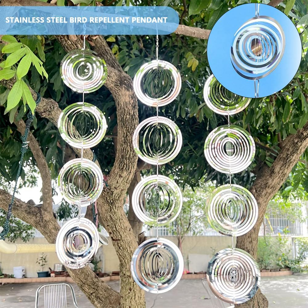 JIUSEGE 3D Reflective Bird Deterrent Set &ndash; Stainless Steel Wind Chimes & Sparkly Discs Wind Spinners for Outdoor Garden Decor, Keep Woodpeckers & Pigeons Away from Your House, Garden, Boat & Orchard image number 3