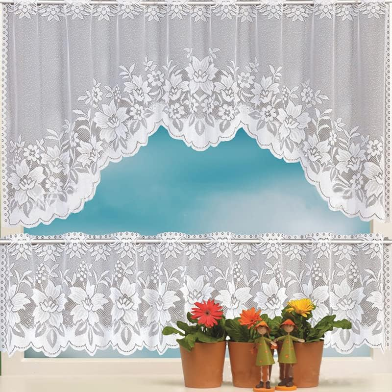 AIMALL 2PCS White Lace Kitchen Cafe Curtain Set Sheer Window Drapes with Scalloped Edge Elegant Home Decor 160Cm Wide Rod Pocket Panels for Living Room Bedroom Dining Room image number 1
