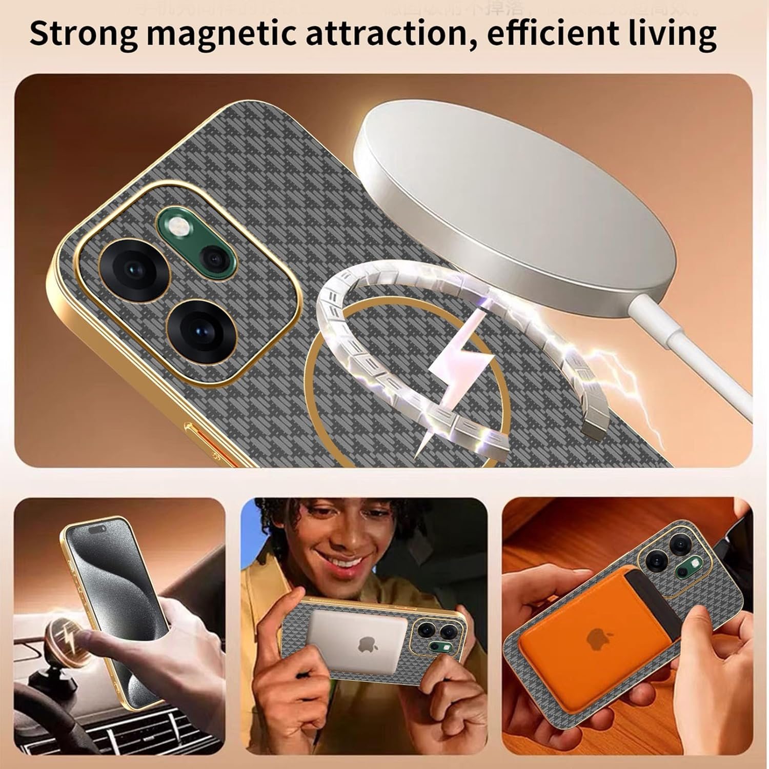 UPLAI Mobile Phone Case for Oppo Reno 14 FS (Oppo Reno 14F 5G/4G), Premium Leather Case Magnetic Wireless Charging Camera Protection Protective Case Electroplated Frame Shockproof Thin Grey image number 2