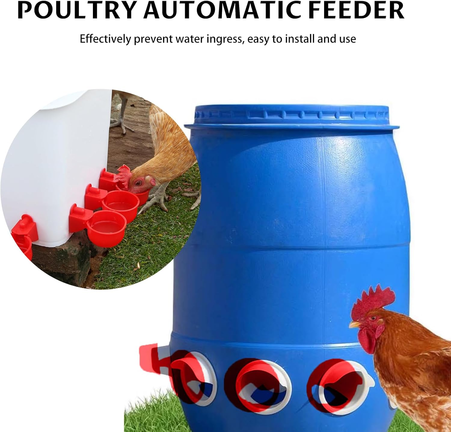 6 Port Chicken Feeder for Bucket No Waste Automatic Gravity Poultry Feeder, Rat Proof Weatherproof, Easy to Install for Hens, Chicks, and Wild Birds (Red, PP Material)